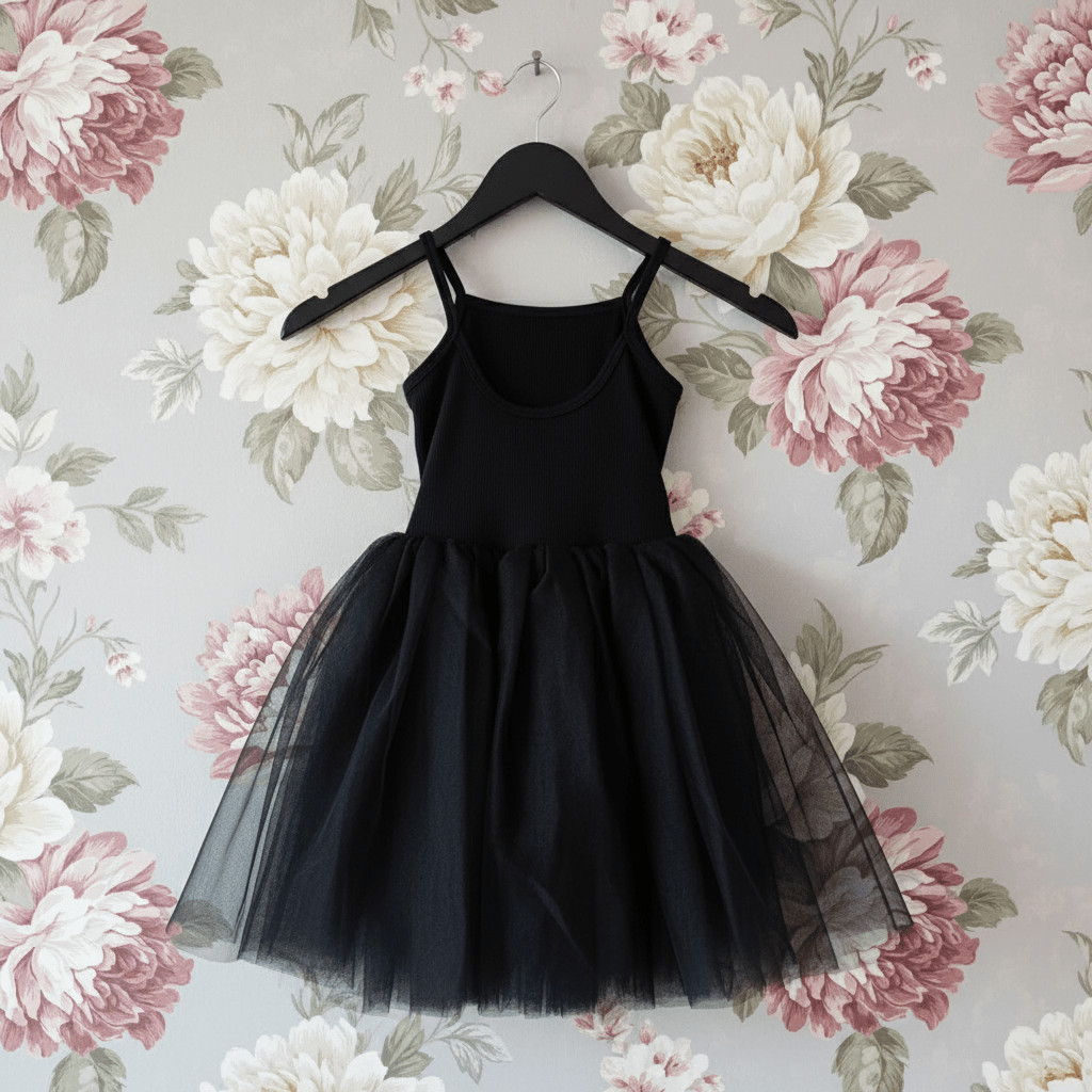 Black tulle dress on a hanger against a floral wallpaper background
