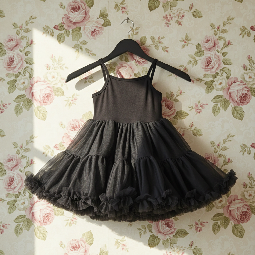 Black dress on a hanger against a floral wallpaper background
