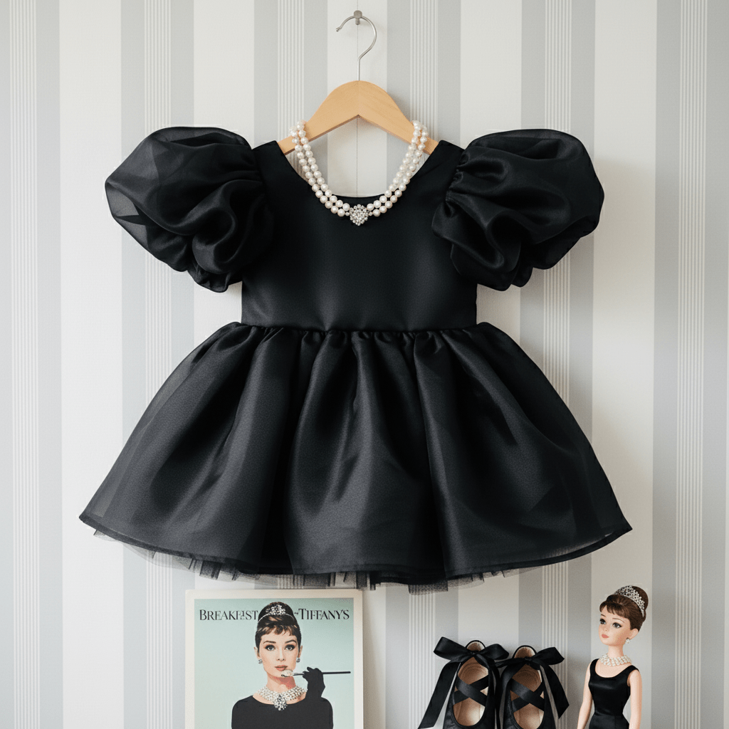 Black dress with puffed sleeves on a hanger against a striped wall.