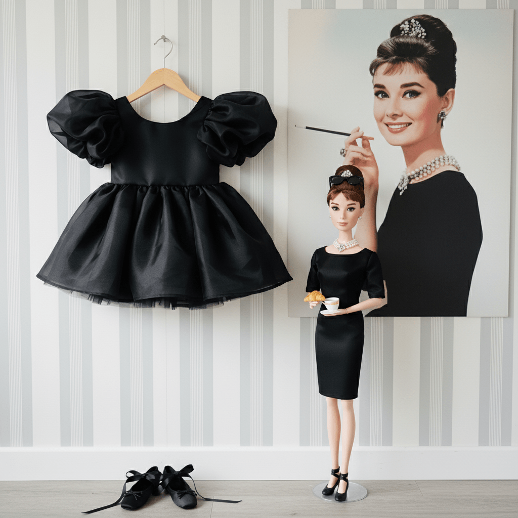 Black dress on a hanger with a doll wearing the same dress and a portrait of a famous actress Audrey Hepburn in a black dress.