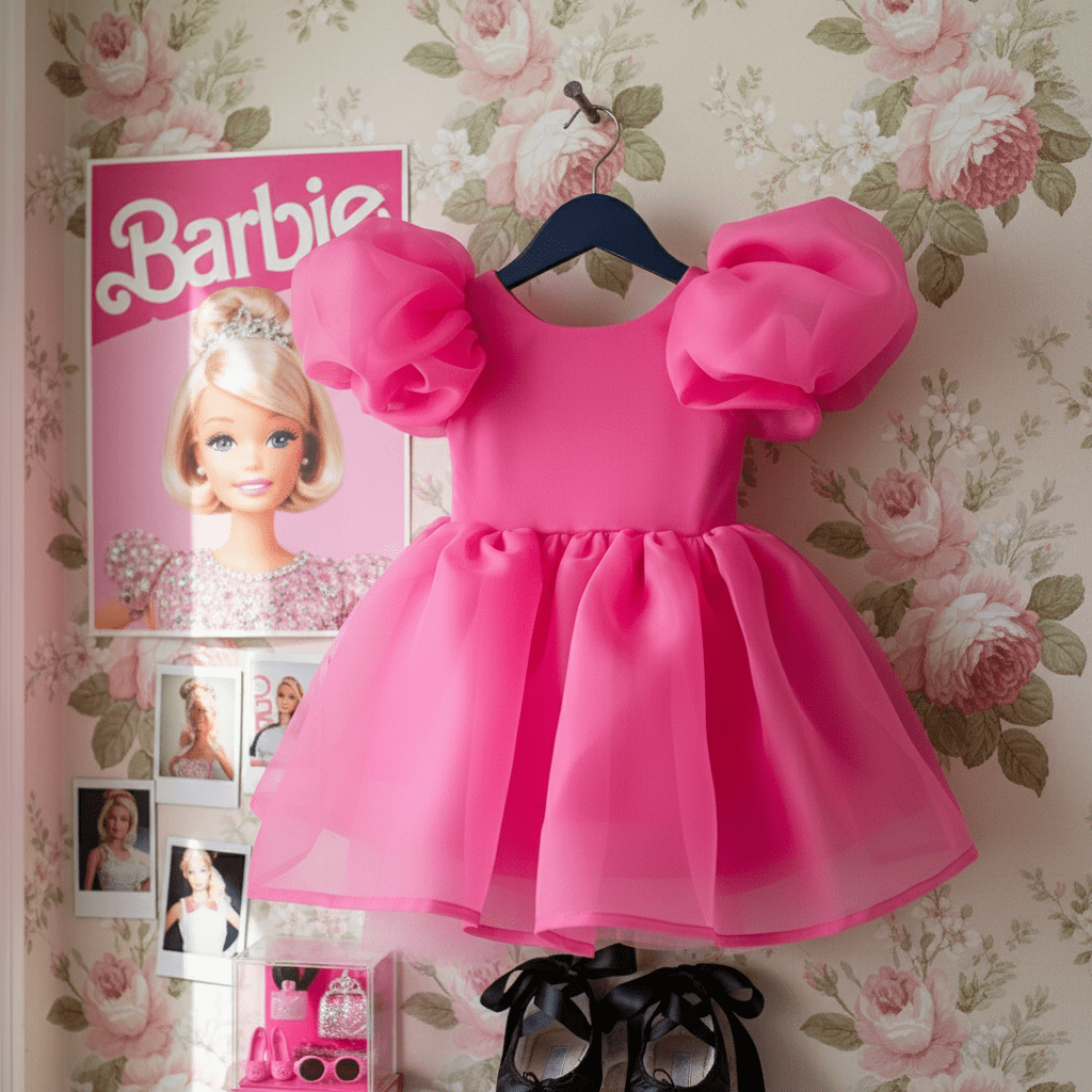 Pink dress with large sleeves on a hanger against a floral wallpaper background with a Barbie poster.