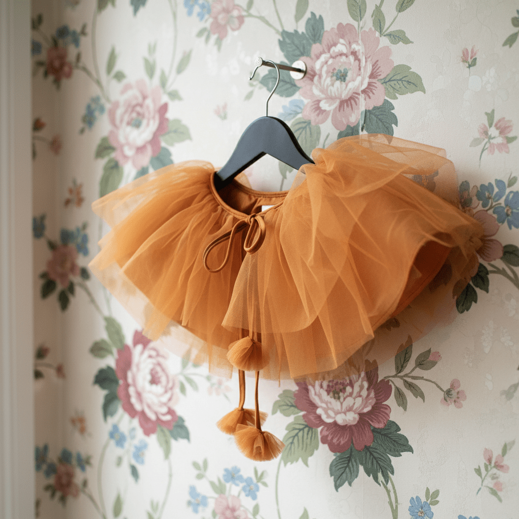Orange tulle skirt with pom-poms on a hanger against floral wallpaper