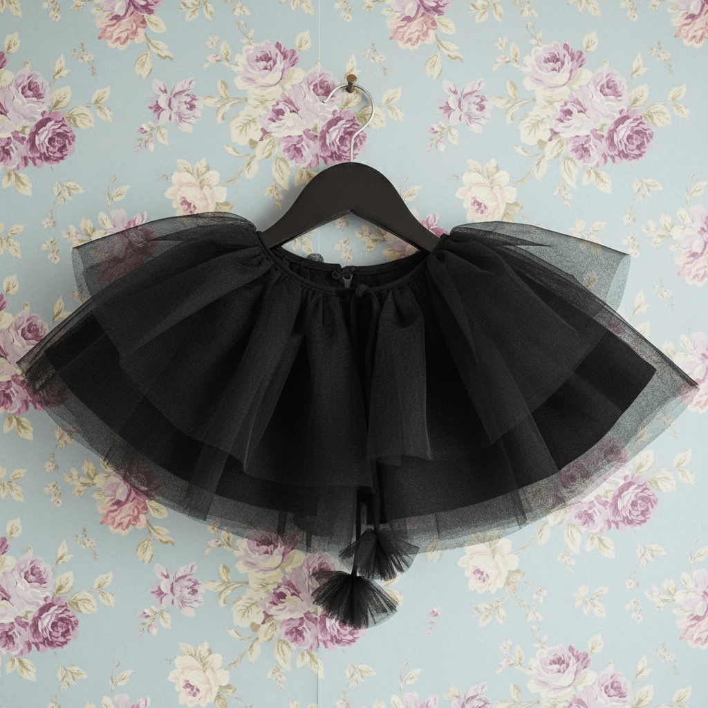 Black tulle skirt on a hanger against a floral wallpaper background