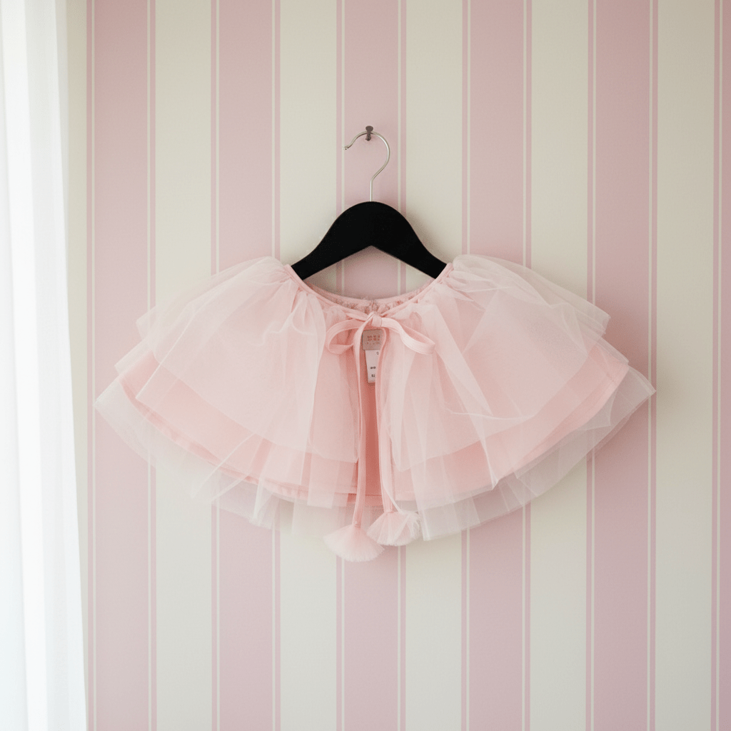 Pink tulle skirt on a hanger against a striped wall.