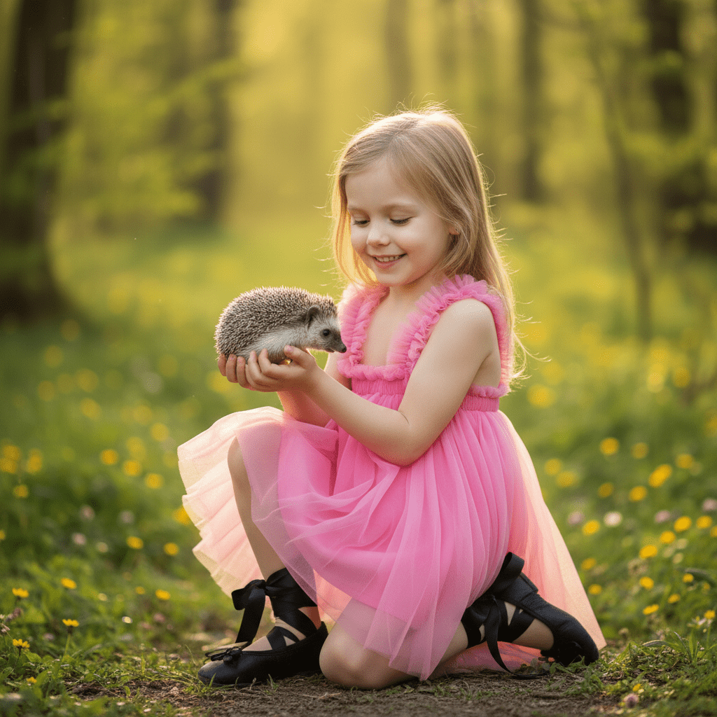Young girl in a pink dress holding a hedgehog in a forest setting