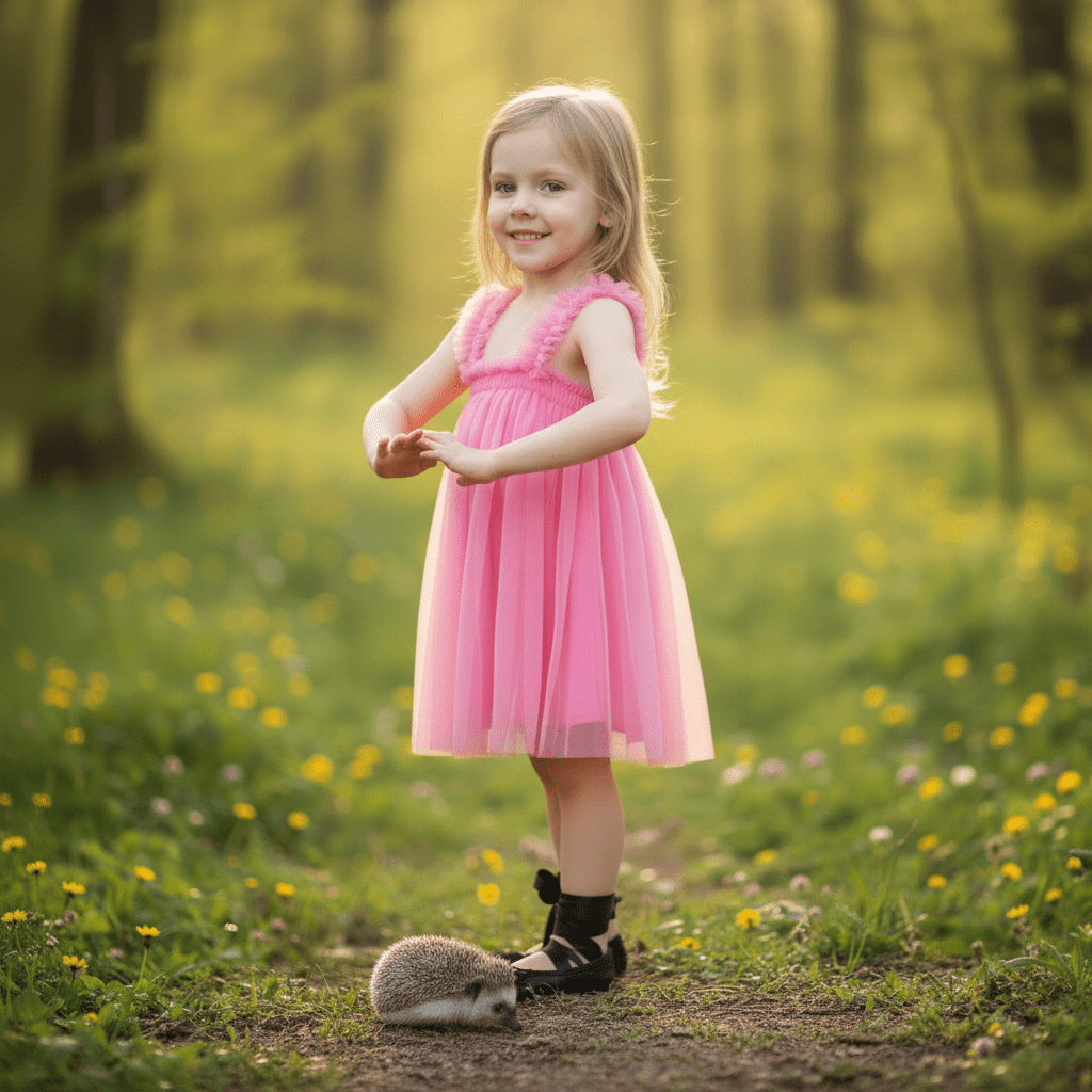 Young girl in a pink dress standing next to a hedgehog in a forest setting