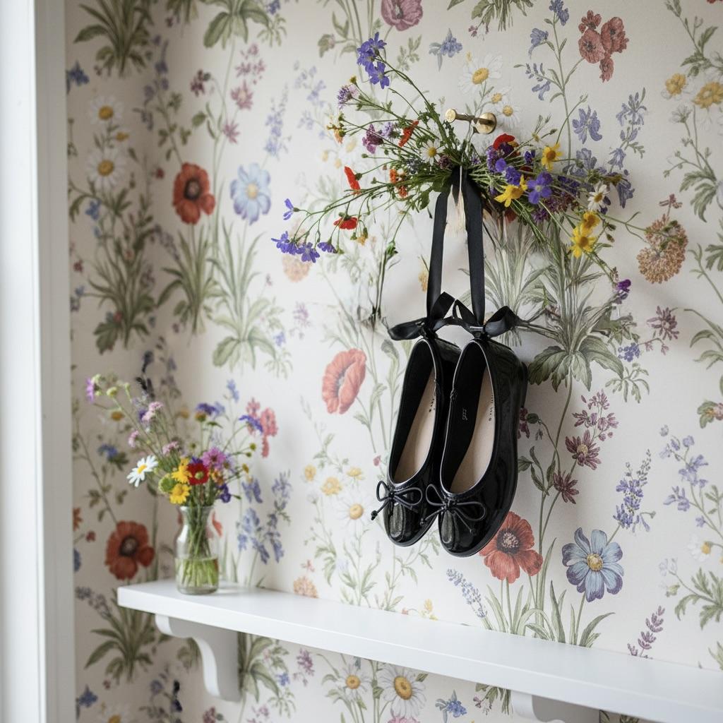 Black shoes with floral decorations hanging against a floral wallpaper background