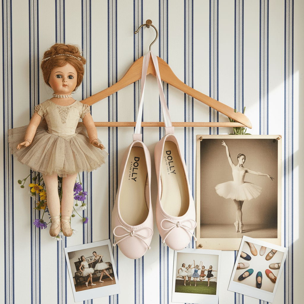 Ballerina doll, ballet shoes, and photos on a striped wall.