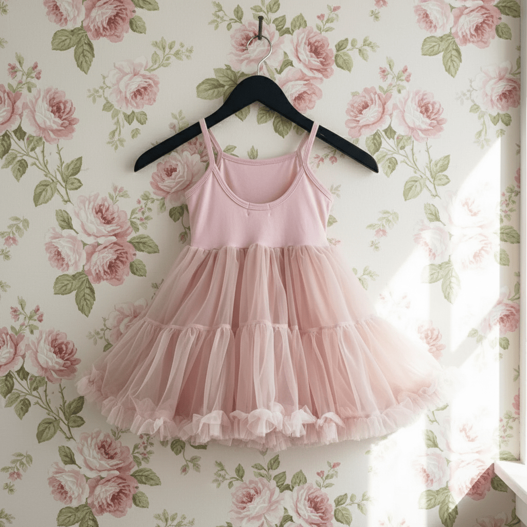 Pink dress on a hanger against a floral wallpaper background