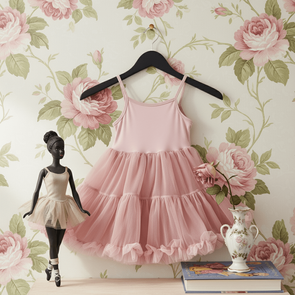 Pink dress on a hanger against a floral wallpaper background with a doll and vase.