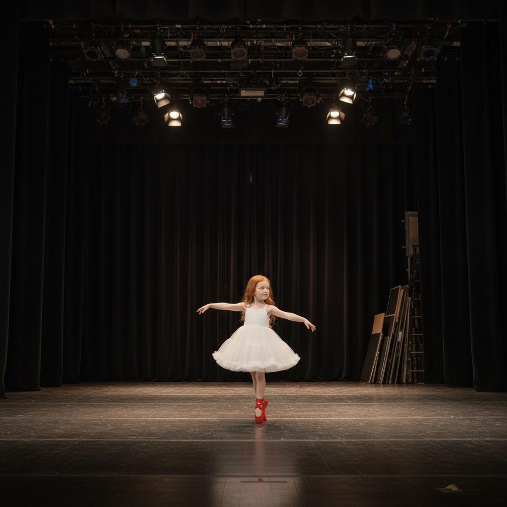 Young dancer in a white dress on a dark stage with spotlights.