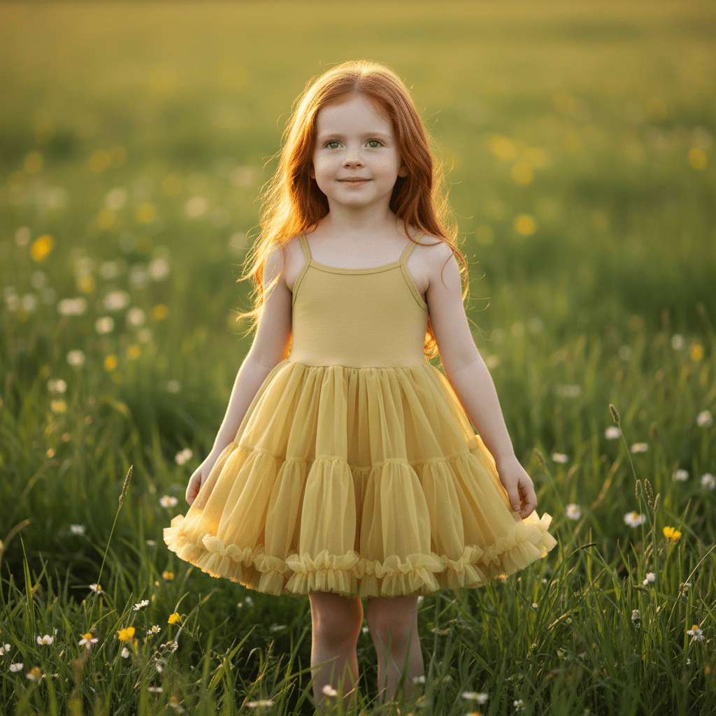 Young girl in a yellow dress standing in a field of flowers