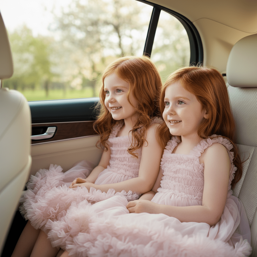 Two young girls in pink dresses sitting in a car.