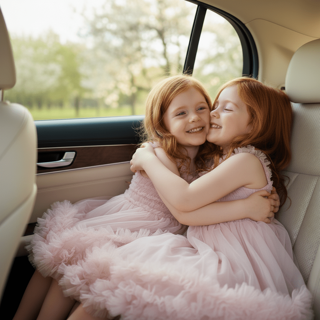 Two young girls in pink dresses hugging in the back seat of a car with a blurred outdoor background.