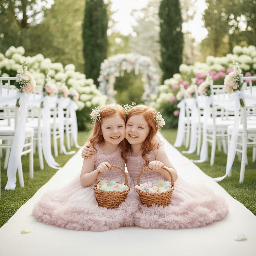 Two young girls in pink dresses holding baskets in a decorated outdoor setting.