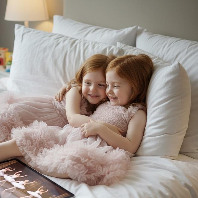 Two young girls hugging on a bed with white pillows and a blanket.