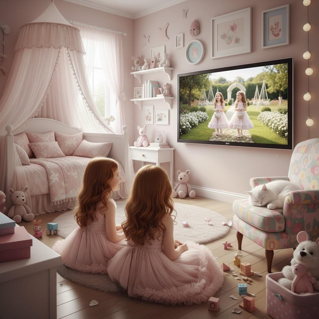 Two young girls in a pink-themed bedroom watching a video of two girls in dresses on a screen.