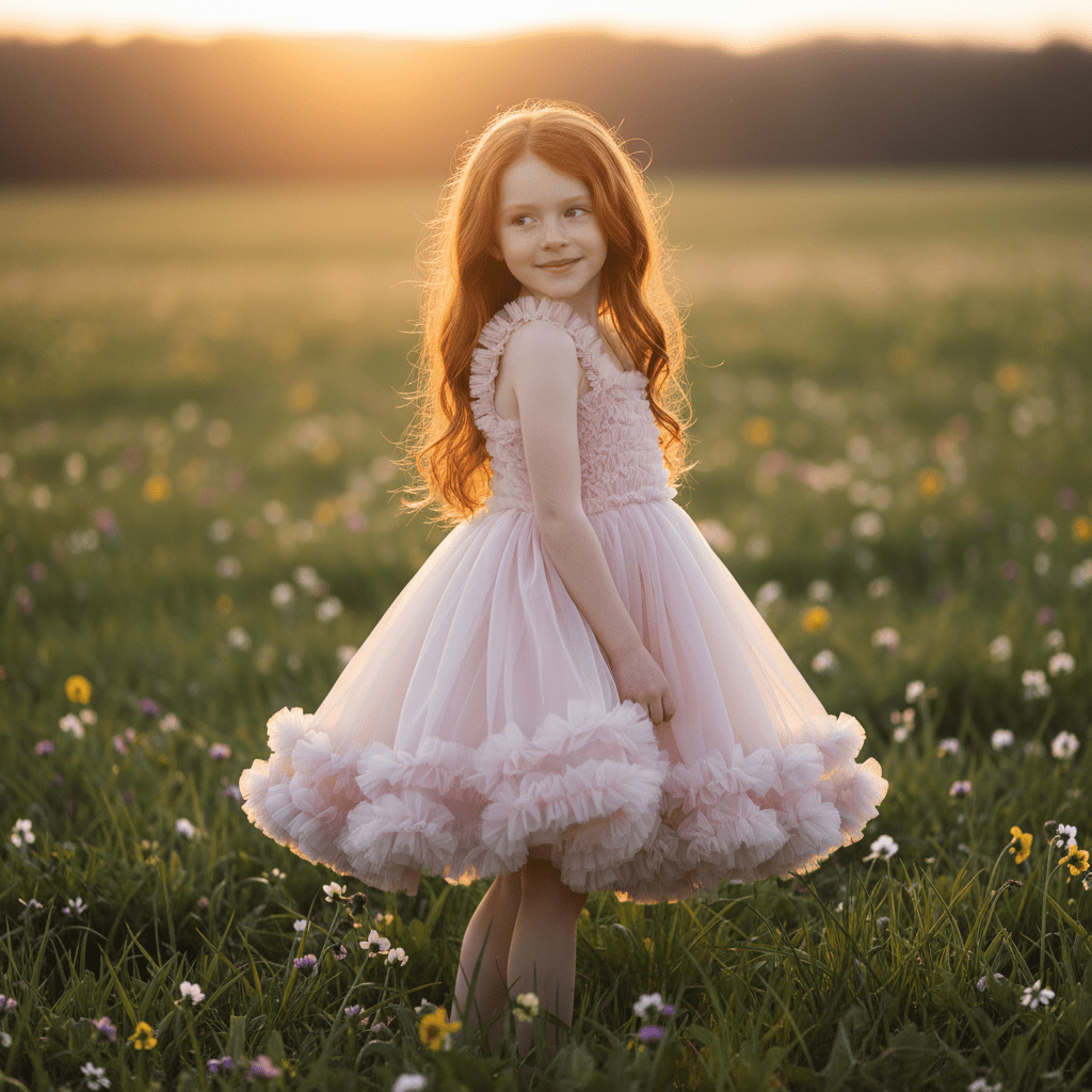 Young girl in a pink dress standing in a field of flowers at sunset.