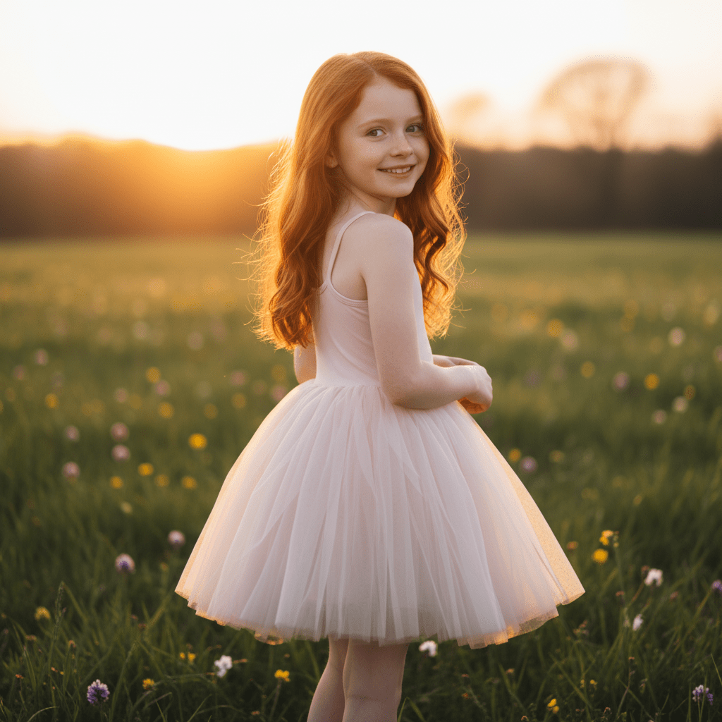 Young girl in a white dress standing in a field of flowers with a sunset in the background