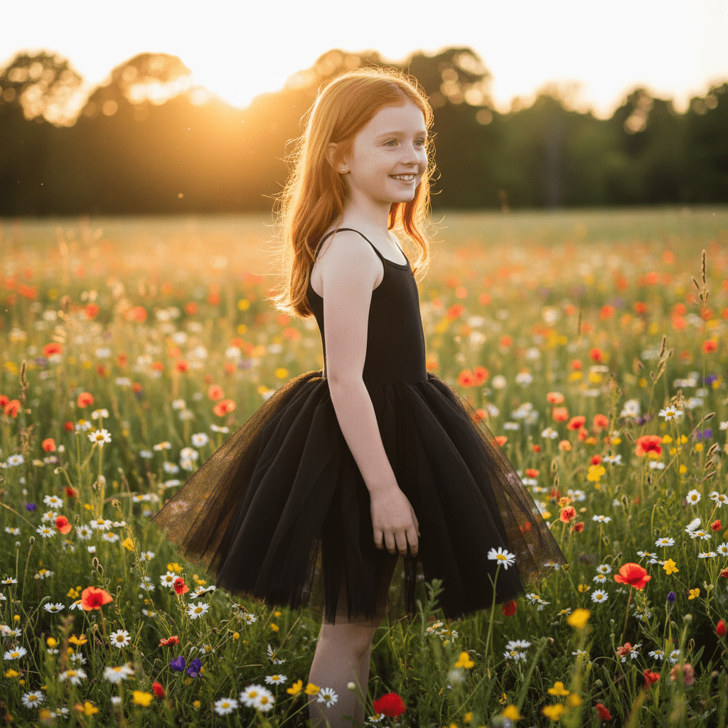 Young girl in a black dress standing in a field of wildflowers at sunset.