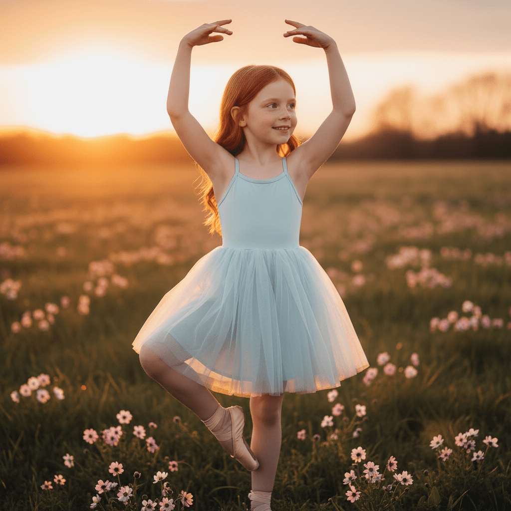 Young girl in a light blue dress dancing in a field of flowers at sunset.