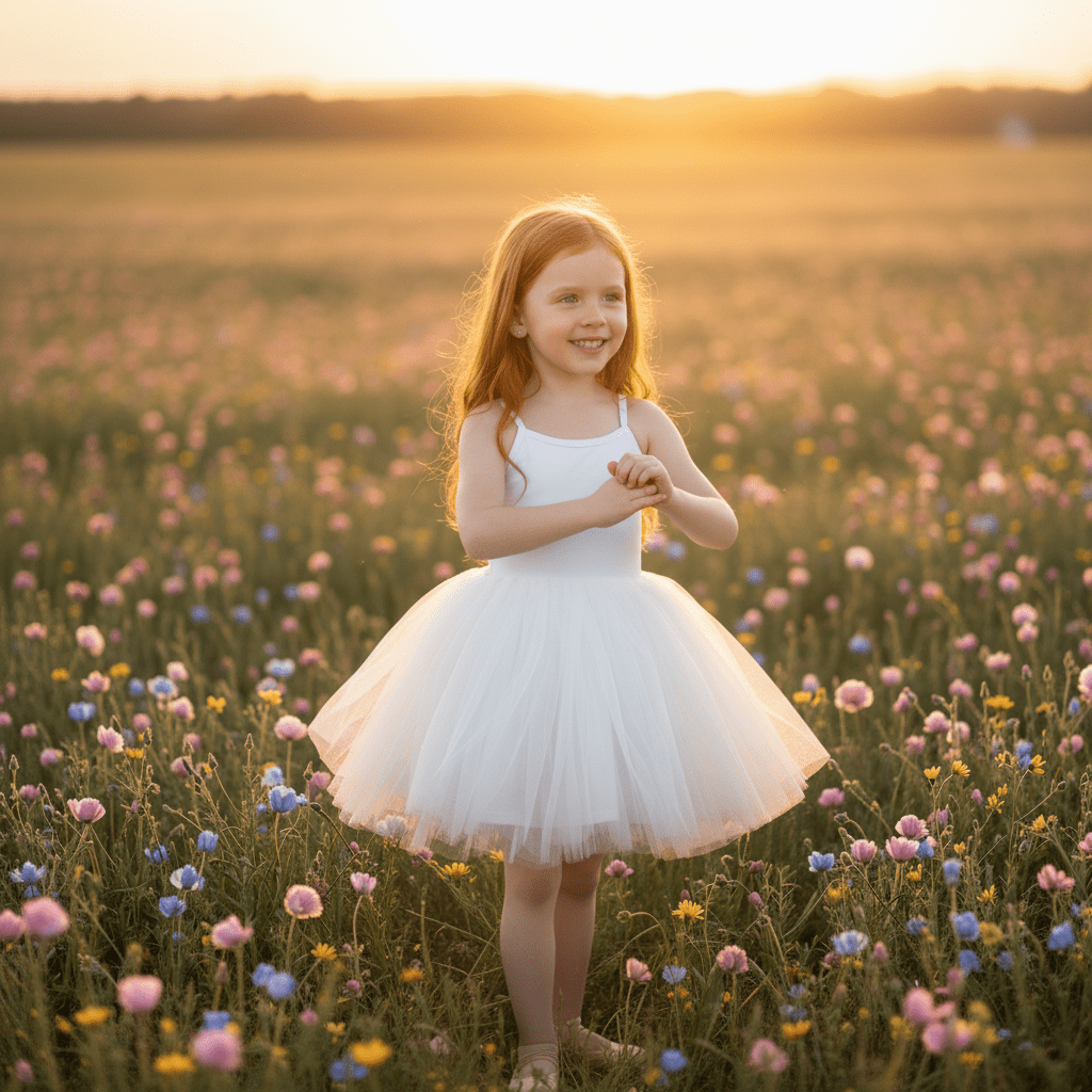 Young girl in a white dress standing in a field of flowers at sunset