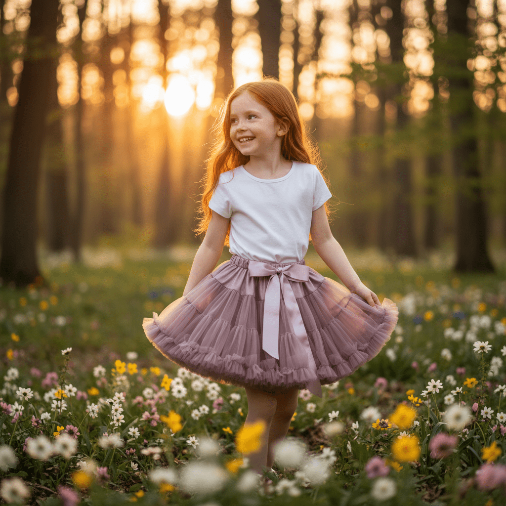 Young girl in a pink skirt standing in a field of flowers with a sunset in the background