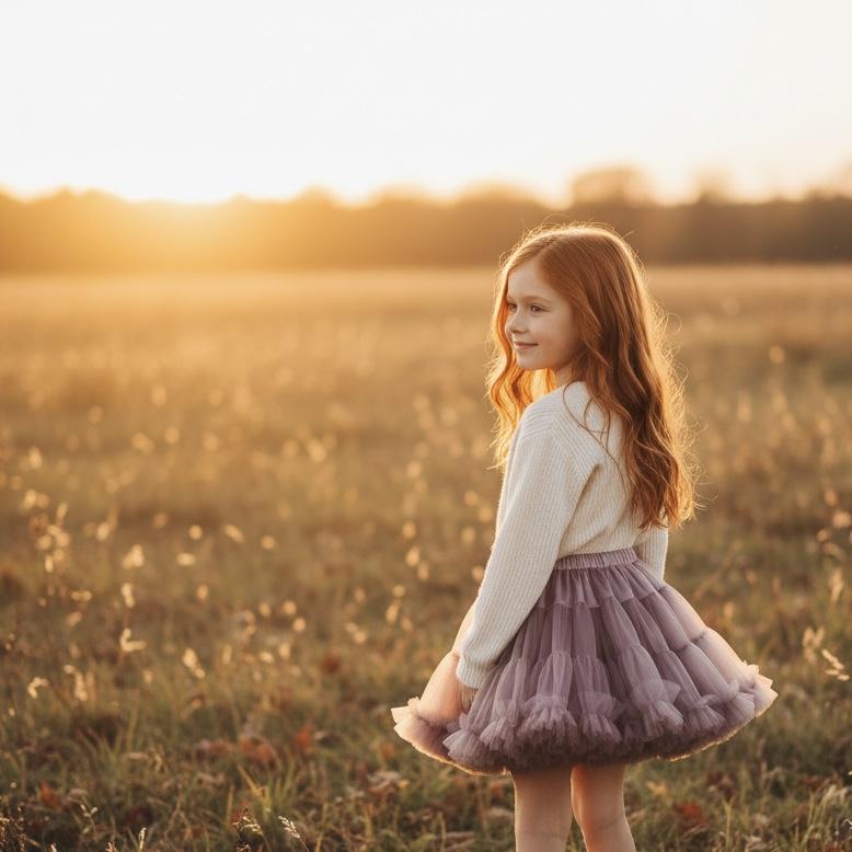 Young girl in a white sweater and purple skirt standing in a field at sunset.