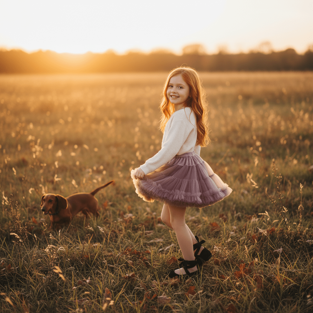 Young girl in a purple skirt and white shirt standing in a field with a dog at sunset.