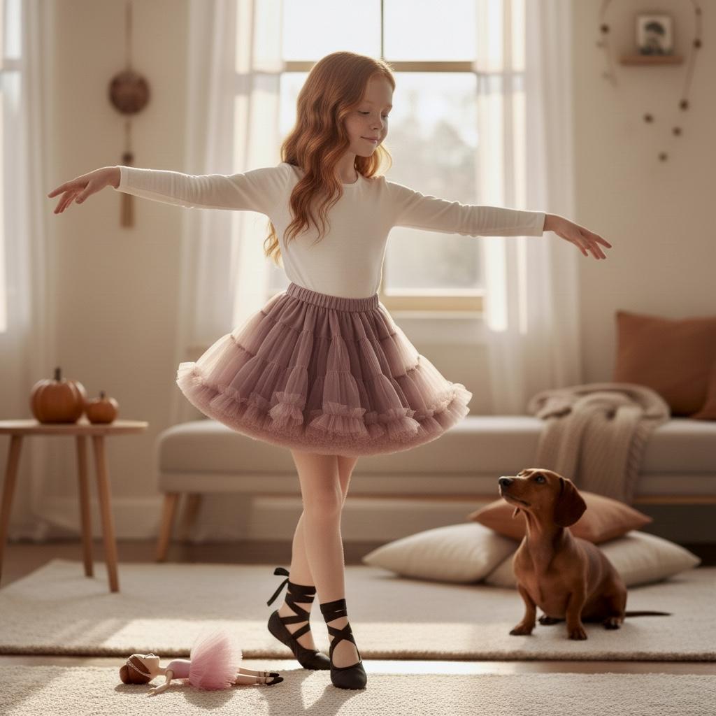 Young girl in a white top and pink skirt standing in a living room with a small dog.