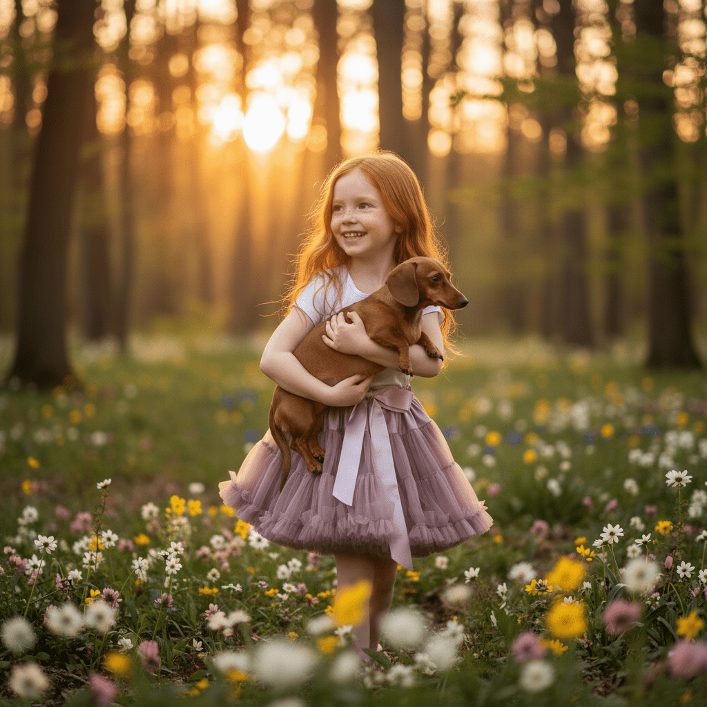 Young girl holding a small dog in a field of flowers with a sunset background