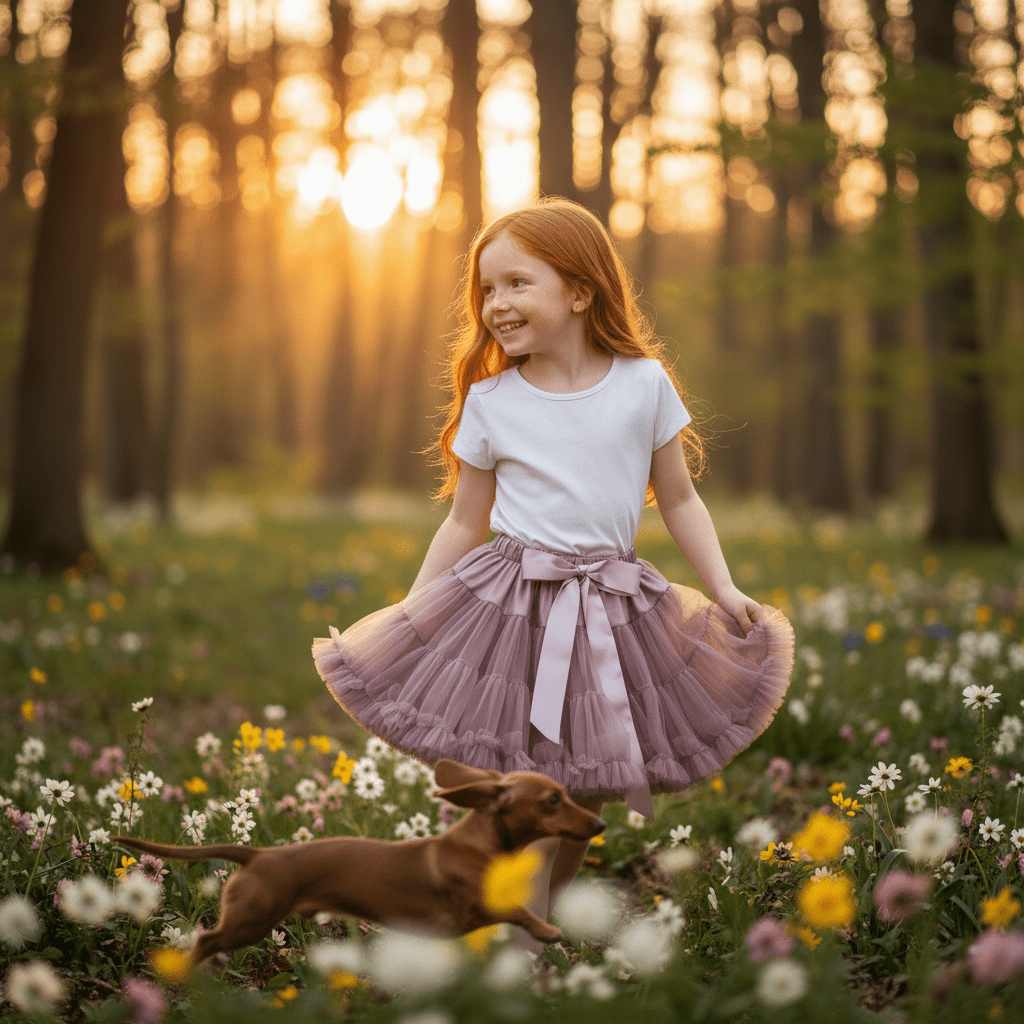 Young girl in a pink skirt and white shirt standing in a field of flowers with a dog at sunset.