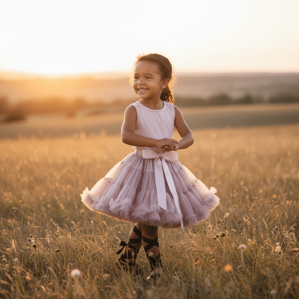 Young girl in a pink dress standing in a field with a warm, golden glow.