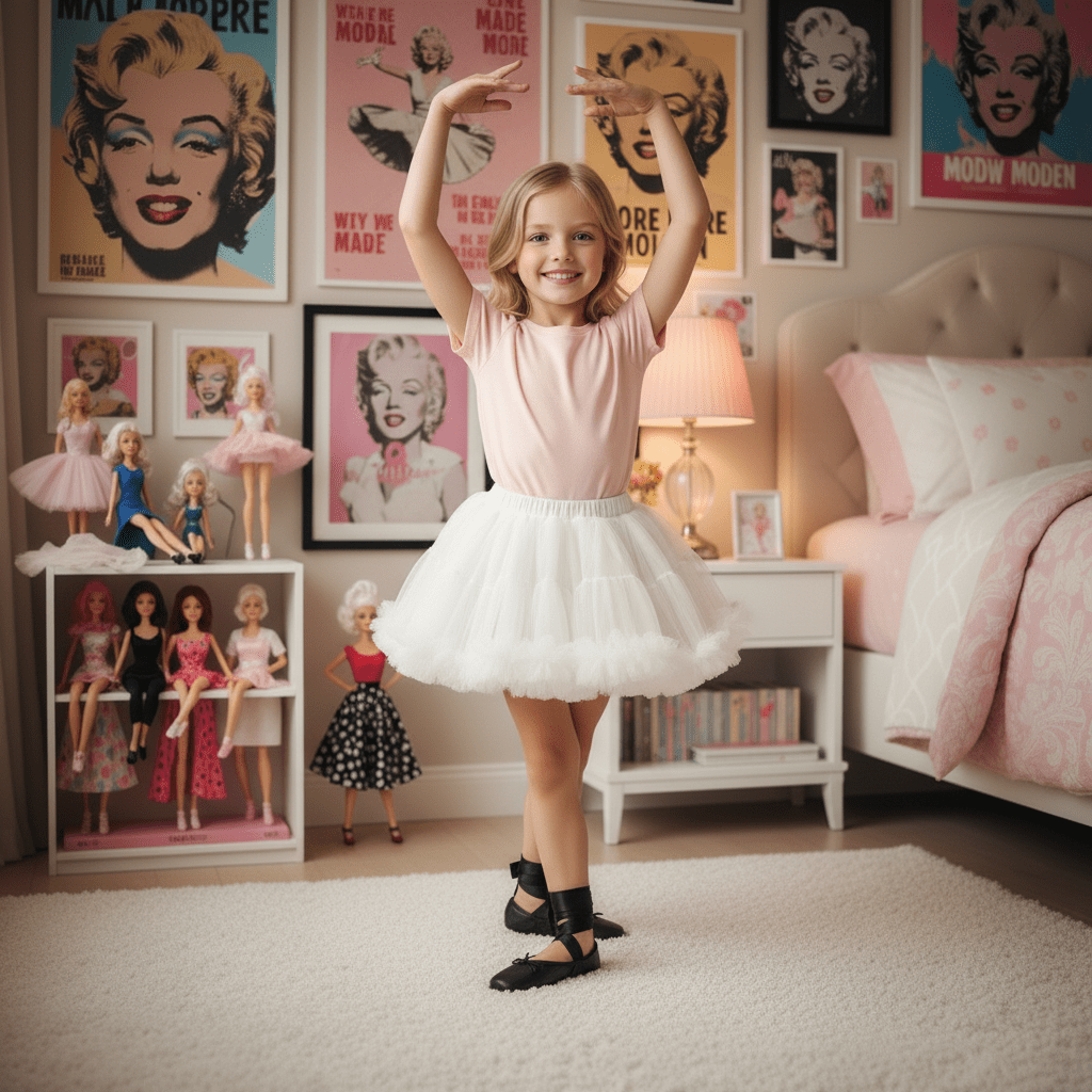 Young girl in a tutu posing in a bedroom with vintage-style decor