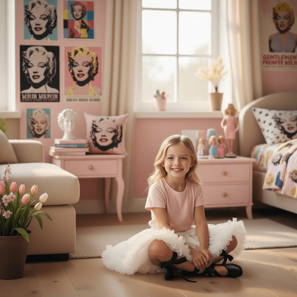 Young girl in a stylish room with Marilyn Monroe decor