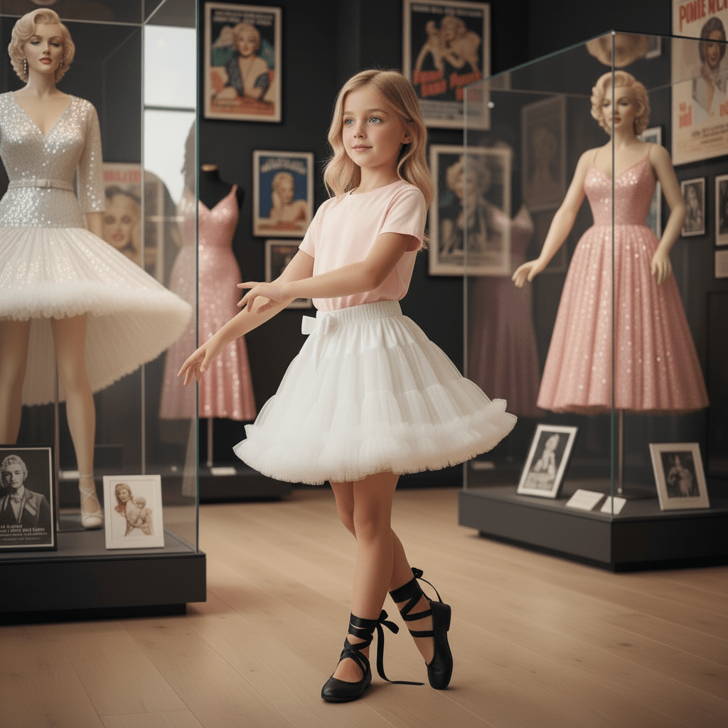 Young girl in a white dress standing between mannequins in a display case with vintage posters in the background.