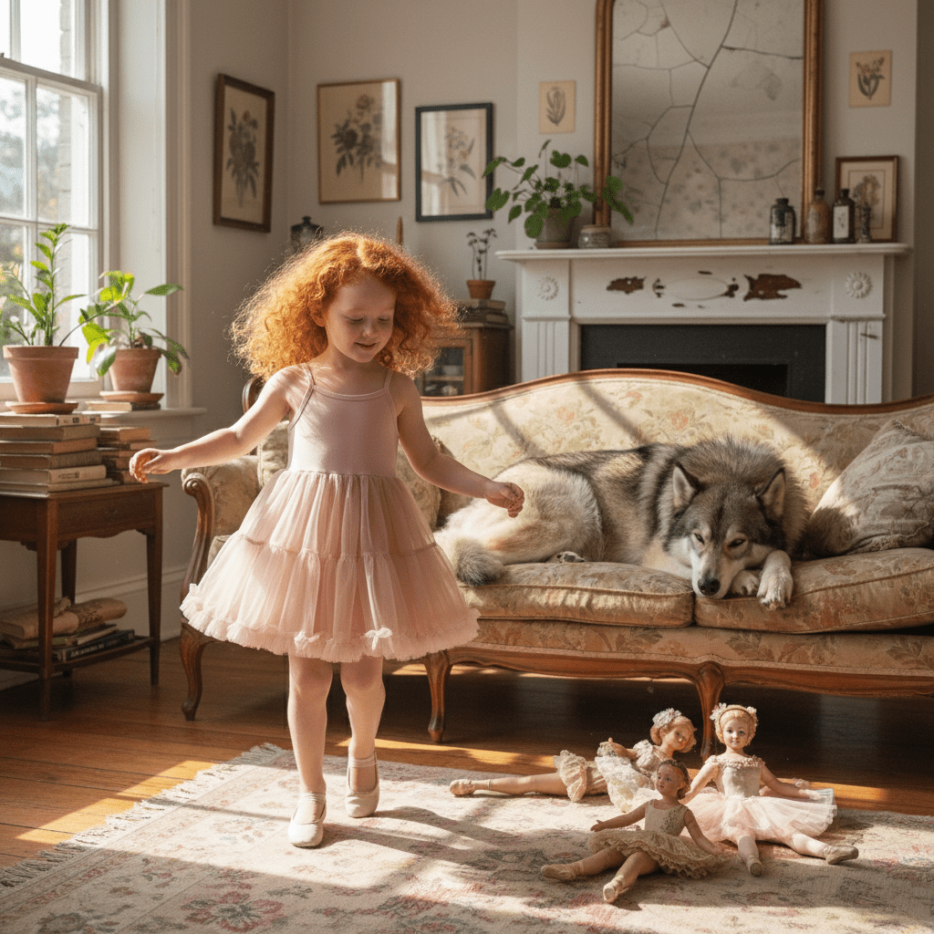 Young girl in a pink dress standing in a room with a wolf on a couch and dolls on the floor.