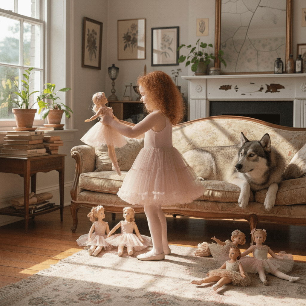 Young girl in a pink dress playing with dolls in a cozy living room with a dog on the couch.