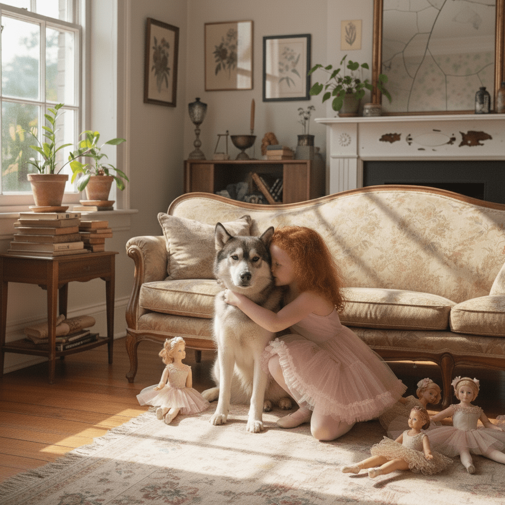 Young girl in a pink dress hugging a dog on a patterned rug with dolls around, in a cozy living room.