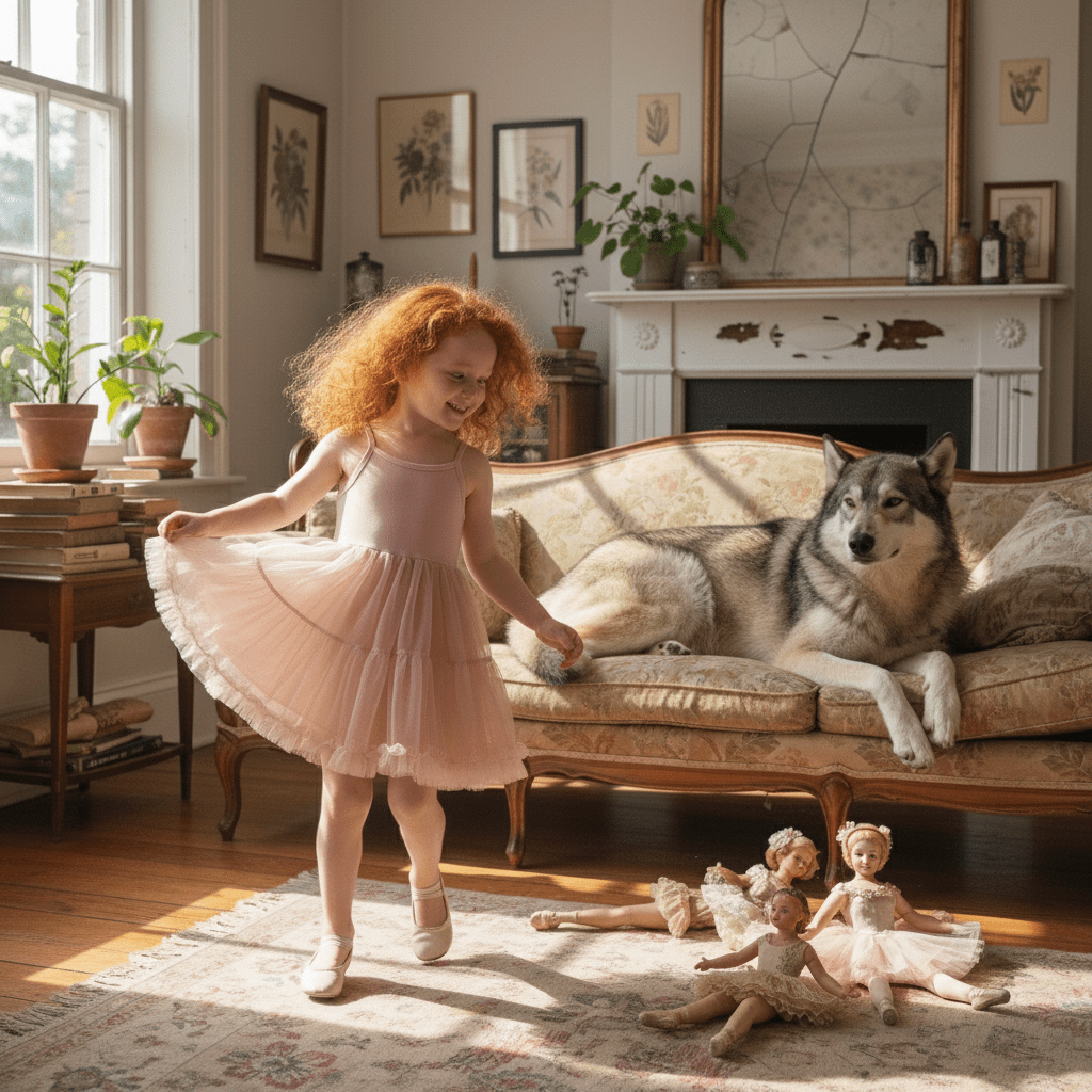Young girl in a pink dress dancing with a dog on a couch in a cozy living room.