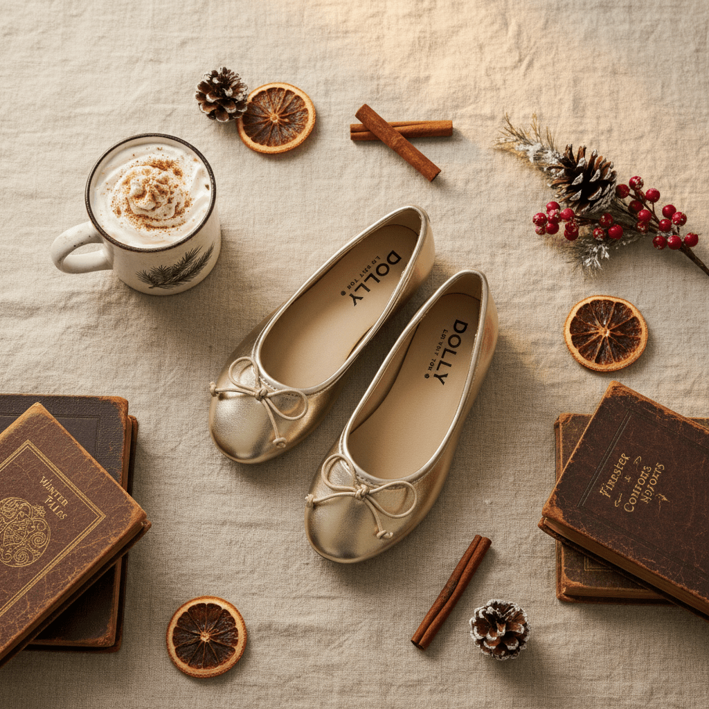 Pair of beige shoes with a brand logo on a textured surface with a cup of coffee, books, and decorative items.