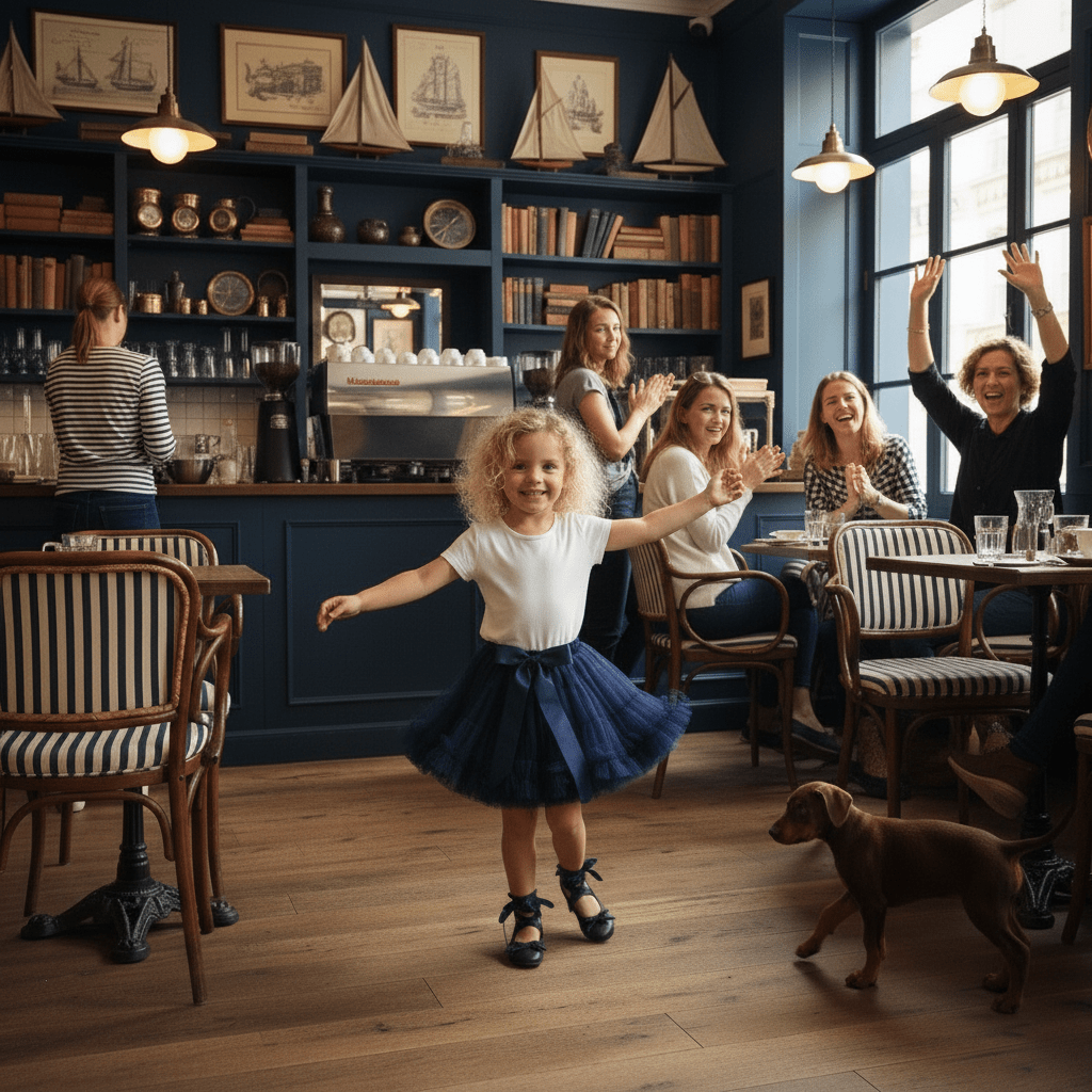 Children and adults in a cozy café with bookshelves and a dog.