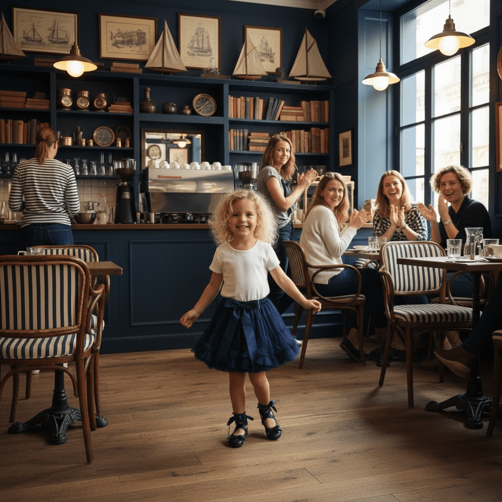 Children and adults in a cozy café with wooden floors and large windows.