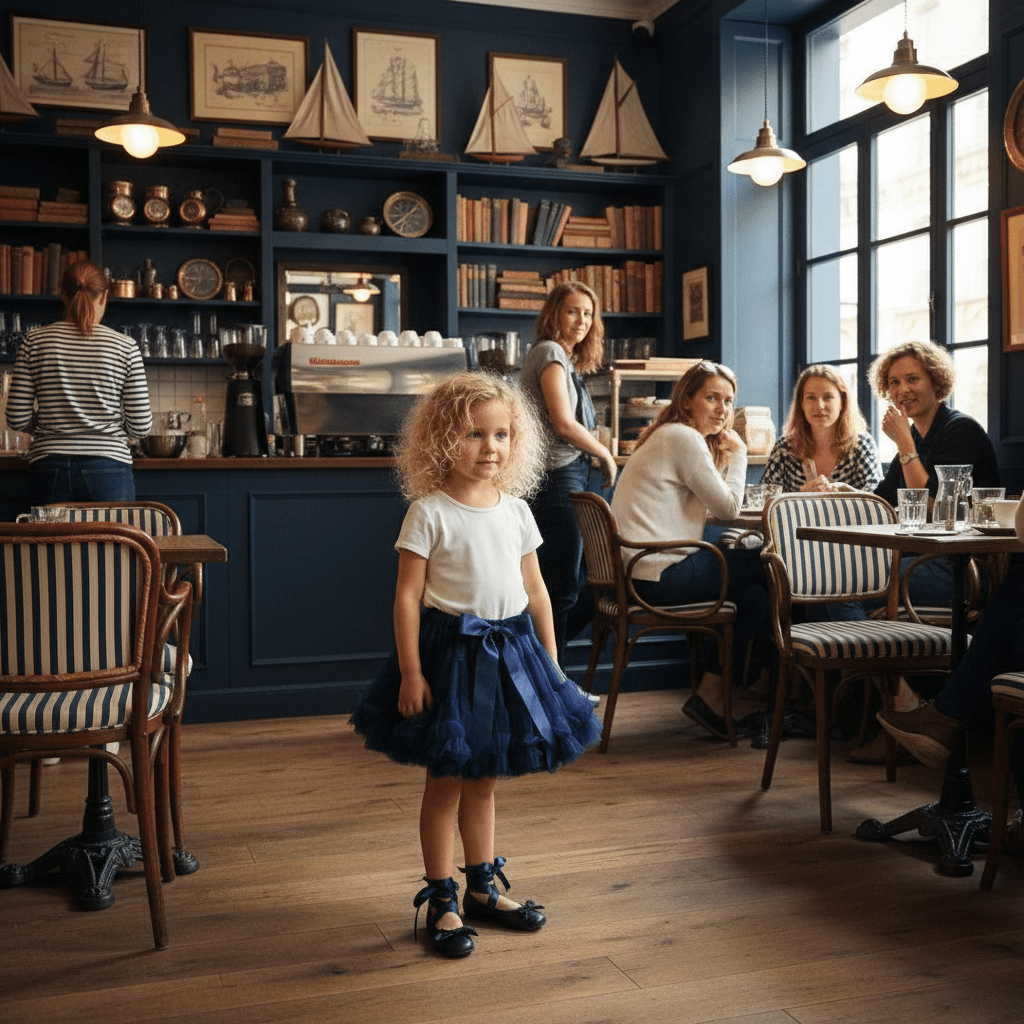 Young girl in a blue skirt standing in a cozy café with people sitting at tables.