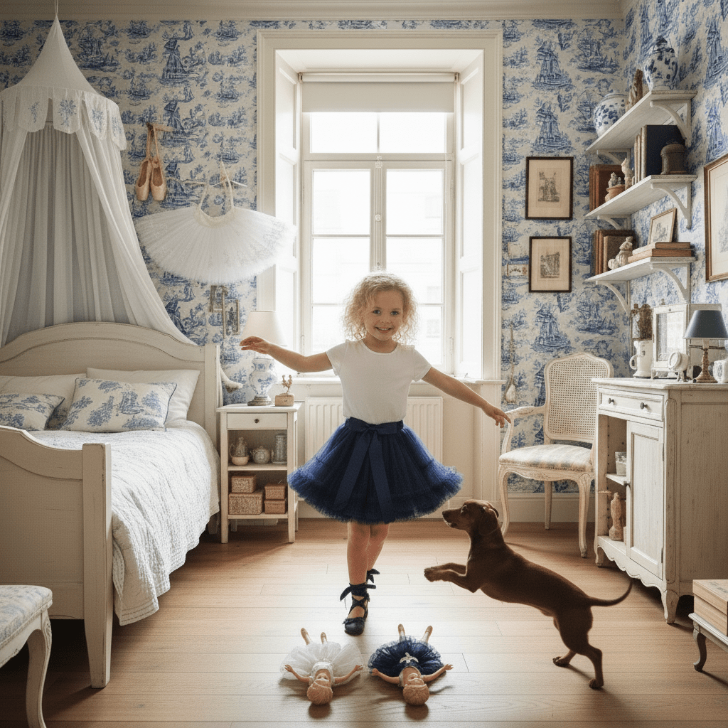Child in a bedroom with blue and white wallpaper, playing with a dog and dolls.