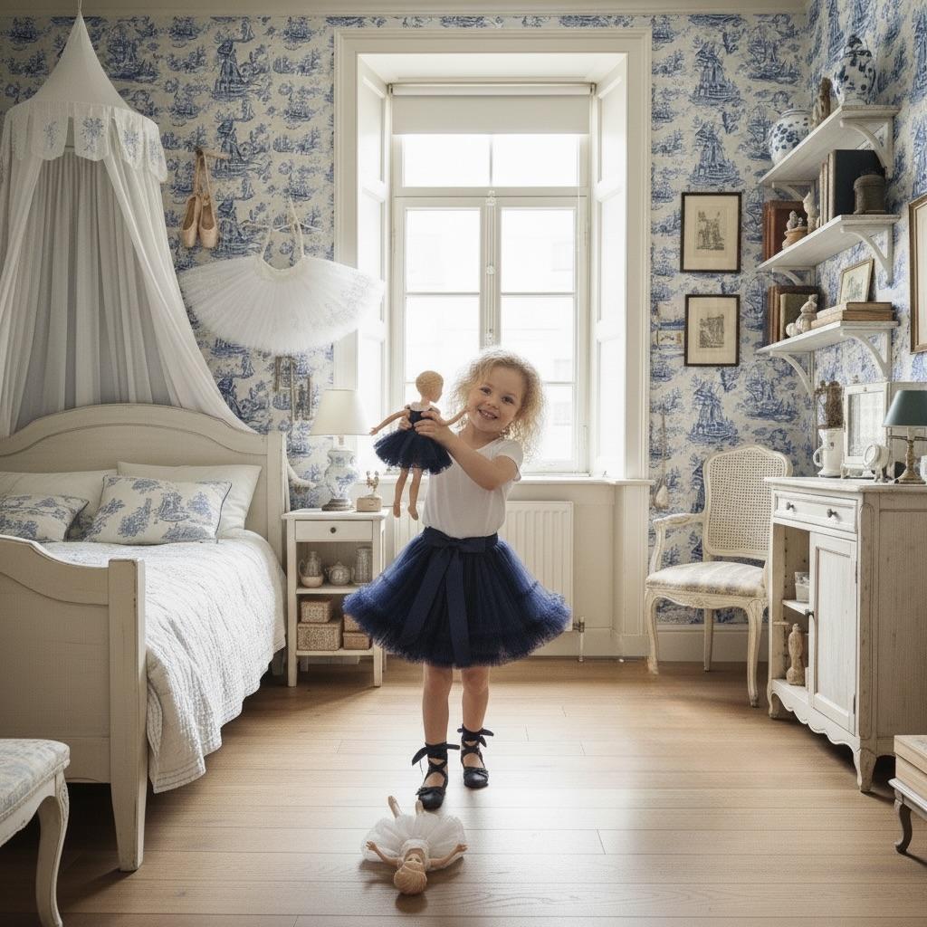 Child in a bedroom with blue and white floral wallpaper, holding a doll.