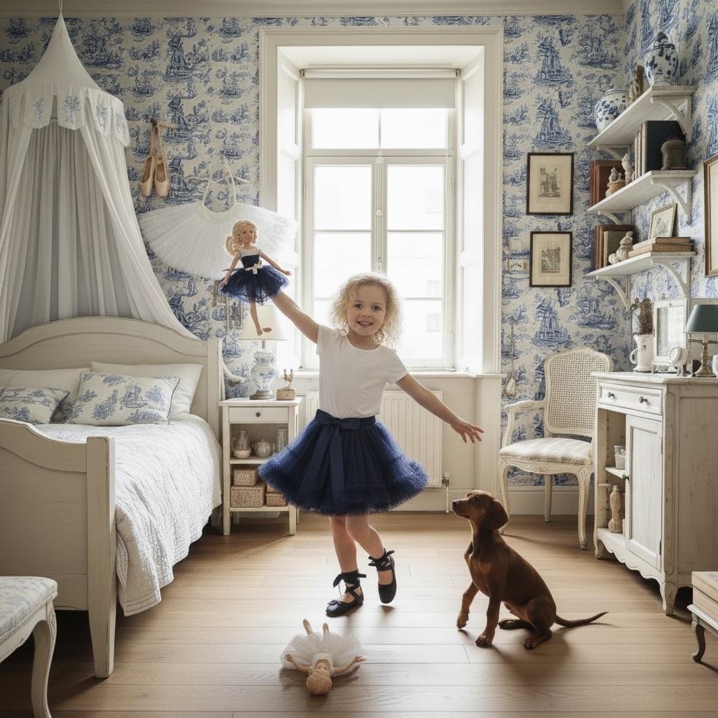 Child in a bedroom with blue and white wallpaper, playing with a dog and dolls.