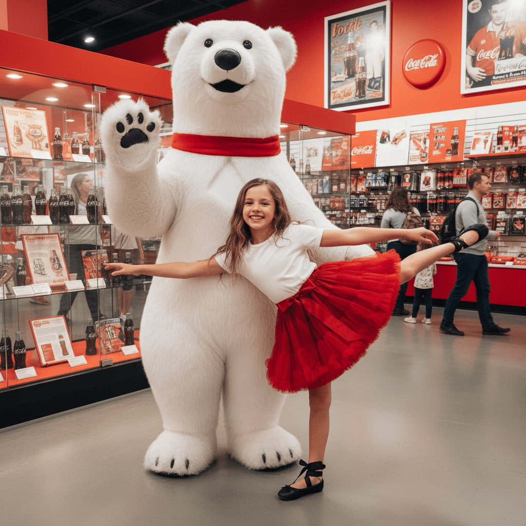 Person posing with a large polar bear mascot in a store setting.