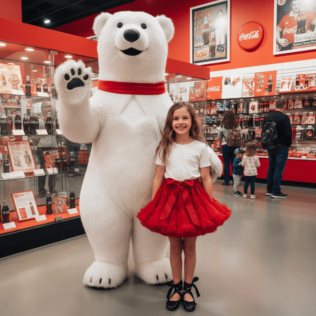Child in a red skirt standing next to a large polar bear mascot in a store.