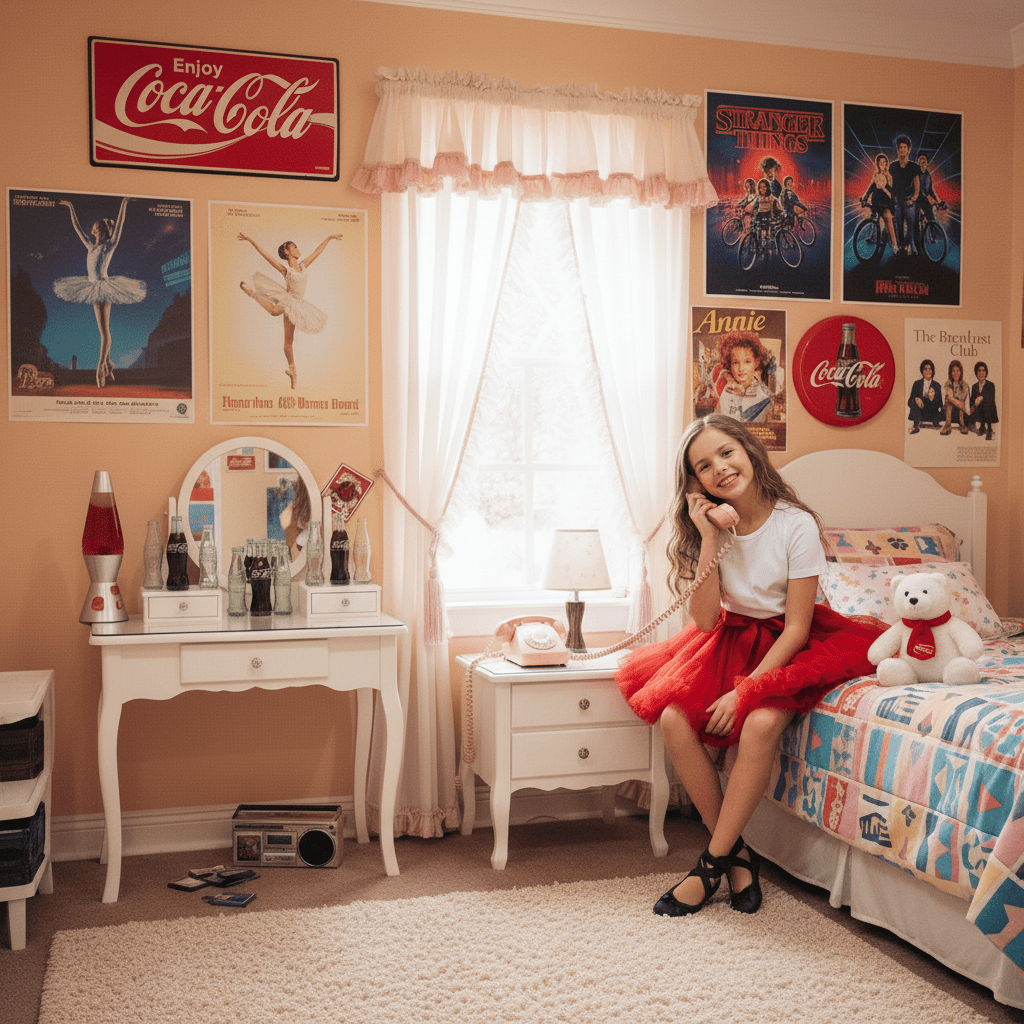 Young girl in a bedroom with vintage decor, including Coca-Cola posters and a vanity table.